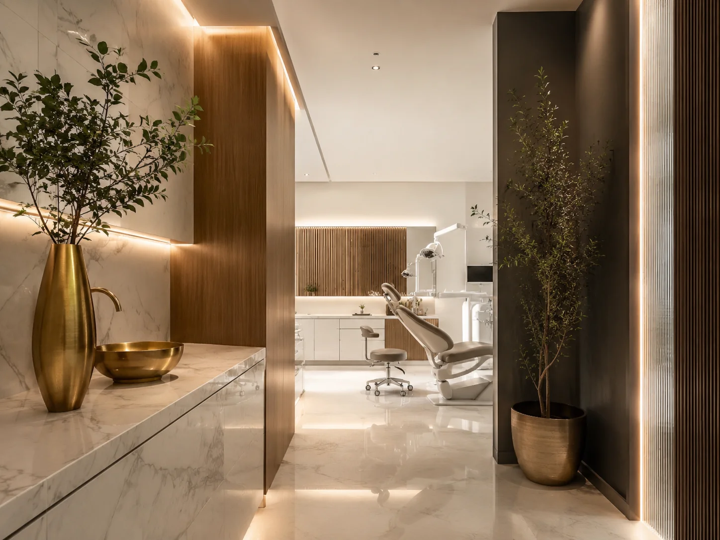 Interior da clínica Dr. Adriano Puntel Harmonização Facial e Odontologia Estética em mármore, madeira e latão, sob luz quente